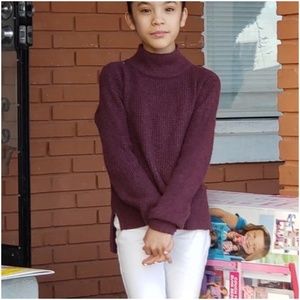 Girls Turtle Neck Mock Sweater Pullover Waffle Knit Thermal Burgundy Wine